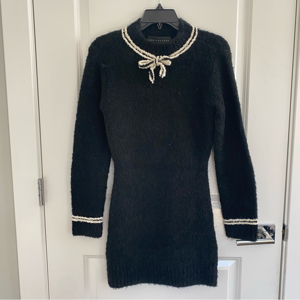 Anthropologie Endless Rose Long-Sleeve Bow Slim Sweater Mini Dress - Picture 4 of 6